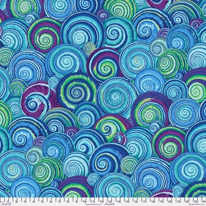 May include: A fabric with a repeating pattern of blue, green, and purple spiral designs. The spirals vary in size and are layered on top of each other, creating a textured effect. The background is a deep blue.