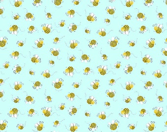 Cute Plump Bees in Aqua Blue from Susy Bees Collection by Clothworks Fabric- You Choose Cut