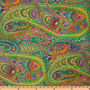 May include: A green fabric with a paisley pattern in shades of yellow, red, purple, and blue. The fabric is covered in intricate floral designs and paisley shapes.