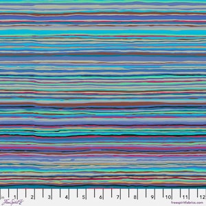 May include: Abstract fabric with a colourful striped pattern in shades of blue, green, purple, brown, and pink. The fabric is a repeating pattern of horizontal stripes.
