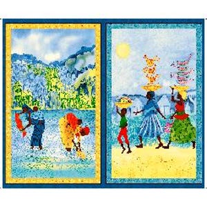 May include: Two framed art panels depicting scenes of people in a tropical setting. One panel shows figures in water, the other shows people carrying items on their heads. The panels have yellow and blue borders.