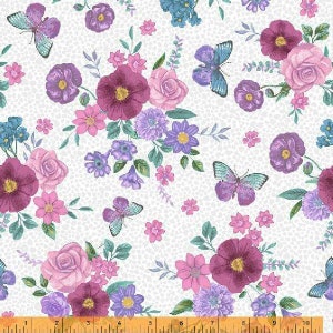 Mariposas y flores en blanco de la colección In Bloom de Windham Fabrics: tela 100 % algodón