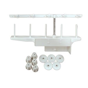 May include: White plastic sewing thread stand with four spools, a rotating arm, and a storage compartment. The stand comes with six white plastic bobbin holders and six white plastic bobbin cases.
