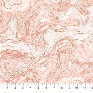 May include: A fabric swatch featuring an abstract marble pattern in shades of soft pink, cream, and white, accented with thin, metallic gold veining. A ruler at the bottom shows a scale of 12 inches, indicating the pattern's repeating flow.