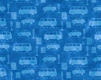 Blaue Automobile aus der On the Go Kollektion von ITB Studio - 100% Baumwolle