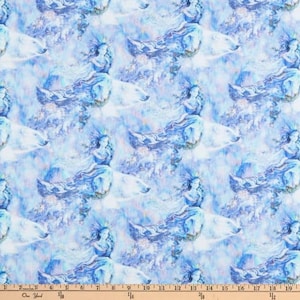 May include: A seamless fabric pattern featuring a repeating design of a woman with flowing blue hair riding on a polar bear against a blue and white watercolor background.