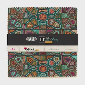 May include: A stack of fabric squares with a colorful, geometric pattern in teal, orange, and burgundy. The fabric is labeled "10" fabric wonders" and "Andina" with the "AGFstudio" logo. Each square measures 10 inches.