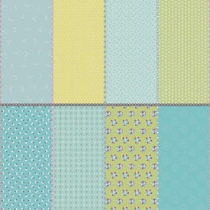May include: A patchwork design featuring various pastel patterns. The design includes sections of light blue with white floral accents, yellow, and green with floral and dotted patterns. Each section is bordered with a decorative trim.