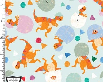 May include: A light blue fabric with a repeating pattern of orange dinosaurs hatching from eggs. The eggs are various shades of blue, pink, and white. There are also small circles and triangles in various colors throughout the pattern.