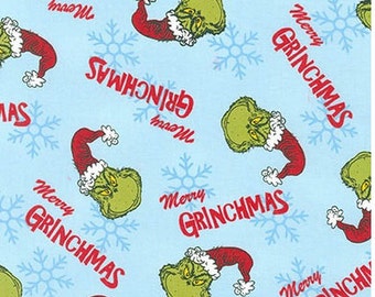 Merry Grinchmas Grinch Heads on Aqua Blue from Robert Kaufman's How The Grinch Stole Christmas 6 from Dr Seuss Enterprises