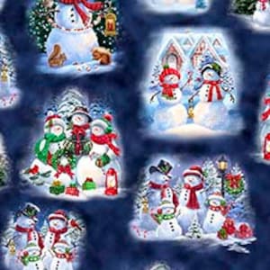 Schneemann Vignette in Marineblau aus der Snowman Holiday Kollektion von ©Gina Jane Lee für QT Fabrics aus 100% Baumwolle