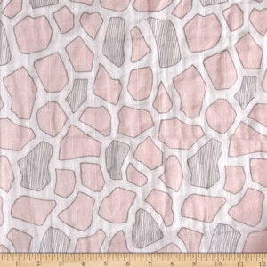 May include: Pink and gray geometric pattern on a white fabric background. The pattern is made up of irregular shapes and lines.