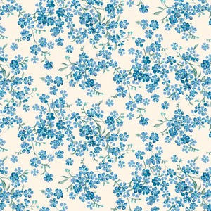May include: A repeating pattern of small, blue forget-me-not flowers with green stems and leaves. The flowers are arranged on a cream-coloured background, creating a delicate floral design.
