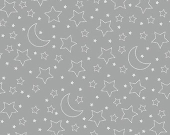 Estrellas y Luna en Gris de la Colección Sueños Iluminados por la Luna de Victoria Hutto para Studio E Fabrics - 100% Algodón