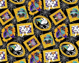 Tossed Bilderrahmen in Schwarz Multi aus der Witch's Night Out Glow in the Dark Kollektion für Henry Glass Fabrics - 100% Baumwollstoff