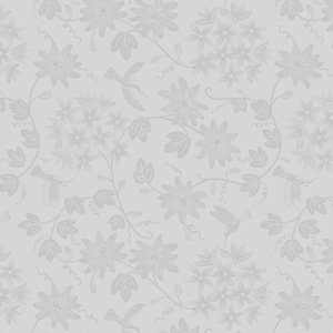 Puede incluir: Un patrón sin costuras que presenta un diseño floral gris y blanco con colibríes. El patrón está formado por flores y hojas delicadas, y los colibríes vuelan alrededor de las flores.