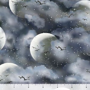 May include: A seamless pattern featuring a dark blue background with white clouds, white moons, and black birds flying across the sky. The pattern is perfect for fabric, wallpaper, or other decorative projects.