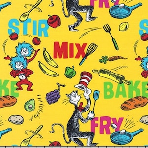 Stir, Mix, Bake and Fry aus der Dr. Seuss Chef Collection von Robert Kaufman- Cat in the Hat, Green Eggs & Ham, Thing 1 Thing 2- 100% Baumwolle