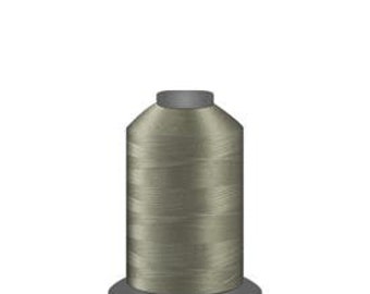 May include: A spool of olive green thread. The thread is tightly wound around a cylindrical core, with a slightly tapered top. The base of the spool is a dark gray color, providing a stable foundation. The thread has a subtle sheen.