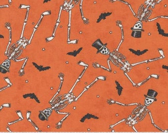 Dancing Skeletons in Pumpkin Orange from Ghostly Greetings Collection by Moda Fabrics - 100% Cotton - You Choose the Cut