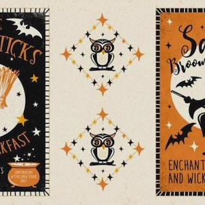 May include: Halloween-themed art prints. One features "Three Broomsticks Bed & Breakfast" with brooms, bats, and stars. Another shows a witch on a broom with "Salem Broom Co." and bats. The third has owl designs.