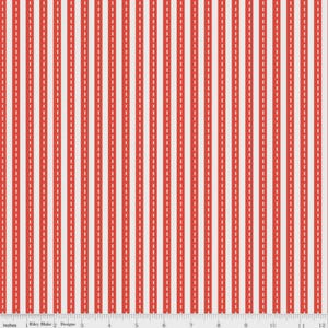 May include: Fabric with a repeating vertical stripe pattern. Alternating red and white stripes with a dashed white line down the center of the red stripes. The fabric is measured in inches.