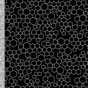 May include: Black background with a white pattern of overlapping hexagons.