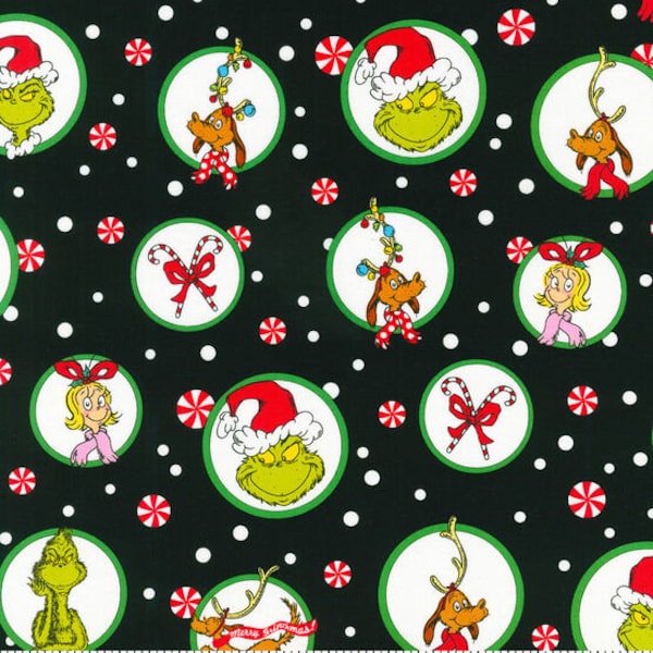 Grinch Schnee Weihnachten Kreise auf Schwarz von Robert Kaufman'a How The Grinch Stola Weihnachten von Dr Seuss - 100% Baumwolle