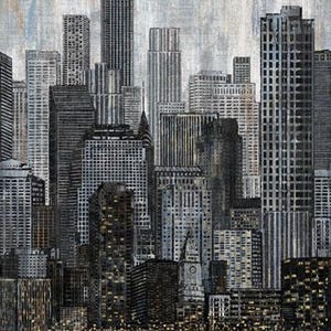 May include: A fabric panel featuring a city skyline illustration with tall skyscrapers in shades of grey, black, and muted gold. The design includes the text RUNNING YARDAGE in the top right corner, set against a textured, abstract sky background.