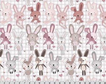 Peut inclure: Un motif sans couture représentant une variété de lapins mignons de couleur rose, marron et gris. Les lapins sont illustrés dans un style cartoon avec différentes expressions et poses. L'arrière-plan est une grille blanche avec des cœurs roses.