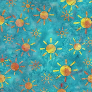 May include: A fabric pattern featuring a repeating motif of yellow and orange suns with radiating rays scattered across a mottled teal and turquoise background. The suns vary in size and intensity, creating a vibrant, celestial-inspired design.