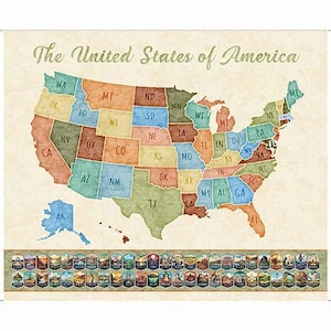 US Map 36" multi-paneel uit de On the Road Again-collectie van Morris Creative Group voor QT Fabrics - 100% katoen