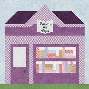 May include: A graphic illustration of a storefront with a purple and white gingham pattern, a dark purple roof, and a white sign reading Between the Pages. The shop features a door and two display windows filled with rows of colorful patterned books.