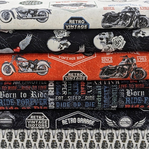 Motorcycle Born to Ride FABRIC BUNDLE SET by Windham Fabric- 6 Fabrics Total- 100% High Quality Quilt Shop Cotton