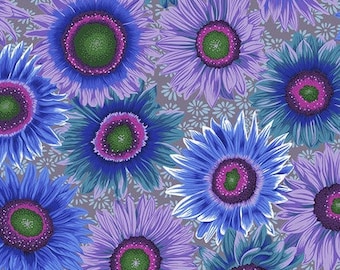 May include: A fabric pattern featuring large, stylized sunflowers in shades of blue, purple, and teal. The flower centers are green and magenta, set against a gray background with small white floral accents. This design is suitable for various craft projects.