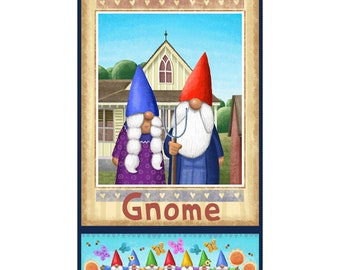 Pannello in tessuto con gnomo in stile American Gothic (circa 61x112 cm) della collezione Home Sweet Gnome di Quilting Treasures Fabrics - 100% cotone