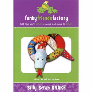 May include: A colorful, soft toy snake made from patterned fabric. The snake is approximately 60 inches long and features a blue head with white polka dots, googly eyes, and a red tongue. The packaging reads "Silly Scrap Snake."