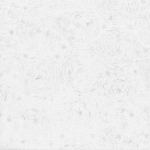 以下が含まれることがあります： 薄いグレーの渦巻く円形の線と小さな五芒星が繰り返される、繊細なパターンの白い生地。このデザインは表面全体に柔らかく質感のある外観を作り出し、それぞれの渦の中心に星が配置されています。