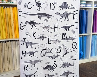 MINKY PLUSH PANEL - Gray Scale Dinosaur Alphabet Letters Digital Cali Quilt Co Exclusive - 2.5mm pile- Approx 31.5"x60"