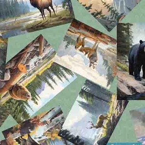 Cartoline di animali in verde acqua della collezione On the Road Again di Morris Creative Group per QT Fabrics - 100% cotone