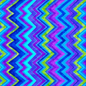 May include: Abstract chevron pattern in shades of blue, purple, and green. The pattern is made up of alternating stripes of color, creating a zig-zag effect.