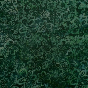 May include: Dark green fabric with a floral design. The pattern showcases stylized flowers and leaves in different shades of green, giving a textured, batik-like look. The design is a dense, repeating pattern, ideal for various craft projects.