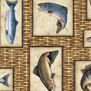 May include: A woven wicker background with four framed images of different types of fish. The fish are all in various shades of brown, blue, and green.