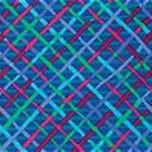 May include: A textile pattern featuring a dense, crisscrossing grid of diagonal lines in shades of deep blue, bright cyan, vibrant magenta, and emerald green. The intersecting lines create a woven effect against a solid dark blue background.
