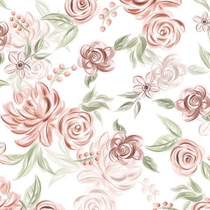 Könnte beinhalten: Ein nahtloses Muster mit zarten rosa und weißen Rosen mit grünen Blättern auf weißem Hintergrund. Das Blumenmuster ist perfekt für Stoff, Tapete oder Geschenkpapier.