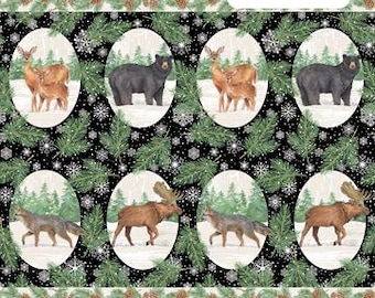 Oval Animals in Black Multi from Frosted Forest Collection By Andrea Tachiera For Northcott- 100% Cotton Flannel