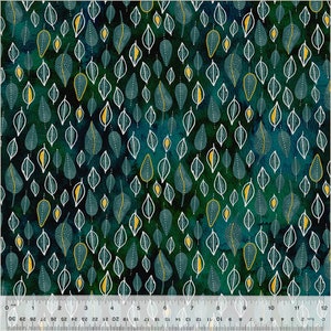 May include: Fabric with a repeating pattern of stylized leaves. The leaves are outlined in white with yellow and white accents, set against a dark teal and green watercolor background. The pattern is measured in inches.