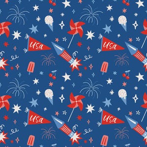 Puede incluir: Un patrón continuo sobre un fondo azul oscuro que presenta ilustraciones en rojo, blanco y azul claro de fuegos artificiales, conos de helado, molinillos, polos, cerezas, estrellas y banderines rojos con el texto USA en blanco.