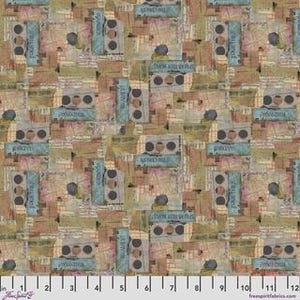 May include: A fabric print featuring a collage of vintage-style maps, handwritten script, and rectangular blocks with the text "REMEMBER" and "THINK WITH YOUR HEART". The design includes circular motifs in shades of brown, tan, and muted blue.