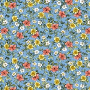 Flowers & Leaves in Dusty Blue from the Tea Time Collection by Eun Young Otsuki for QT Fabrics - 100% Cotton